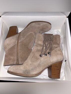 Bar III Taupe Suede Ankle Booties with Stacked Heel